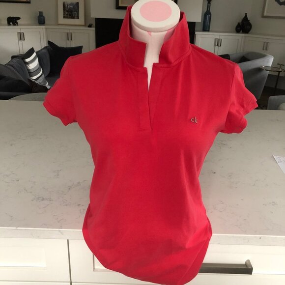 Calvin Klein Casual Cap Sleeve V Neck Cotton w Spandex Polo Shirt Coral Sz M - Picture 15 of 15